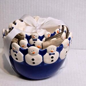 ND Exclusive Ceramic Set of 3 Blue Snowman Nesting Bowls Hand Painted